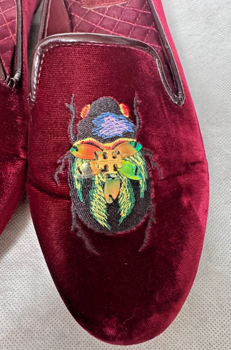 Tory Burch Burgundy Easton embroidered Velvet Beetle Loafers US 9.5 - Picture 3 of 16